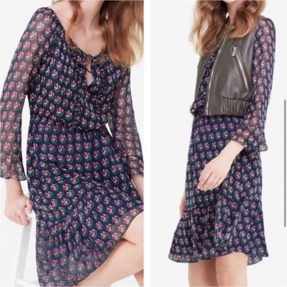 Diane von Furstenberg Boho Silk Floral Simonia Mini Dress Navy Blue Pink SZ 8